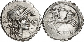 RÖMISCHE REPUBLIK : Silbermünzen. 
L. Licinius Crassus, Gn. Domitius Ahenobarbus u.a. 118 v. Chr. Denar (serratus) 3,95g, Narbo. Romakopf n.r.; l. X....