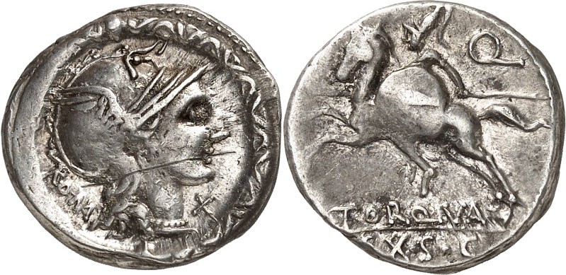 RÖMISCHE REPUBLIK : Silbermünzen. 
Lucius Manlius Torquatus 113-112 v. Chr. Den...