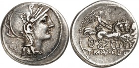 RÖMISCHE REPUBLIK : Silbermünzen. 
Titus Manlius, Appius Claudius & Quintus Urbinius 111-110 v. Chr. Denar 4,02g. Romakopf n.r., dahinter Kreis / Vic...