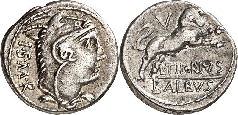 RÖMISCHE REPUBLIK : Silbermünzen. 
Lucius Thorius Balbus 105 v. Chr. Denar 3,87...