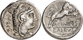 RÖMISCHE REPUBLIK : Silbermünzen. 
Lucius Thorius Balbus 105 v. Chr. Denar 3,87g. Sospitakopf n.r.; l. I.S.M.R. (Iuno Sospes Mater Regina) / Bulle sp...