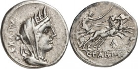 RÖMISCHE REPUBLIK : Silbermünzen. 
Gaius Fabius Gaii filius Hadrianus 102 v. Chr. Denar 3,93g. Kybelebüste, bedeckt, n.r. EX A PV / Victoria rast in ...