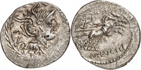 RÖMISCHE REPUBLIK : Silbermünzen. 
Marcus Lucilius Rufus 101 v. Chr. Denar 3,29g. Romakopf im Lorbeerkranz; l. PV / M. LVCILI - RVF Victoria in Biga ...