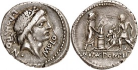 RÖMISCHE REPUBLIK : Silbermünzen. 
Lucius Pomponius Molo 97 v. Chr. Denar 3,52g. Apollokopf n.r. L. POMPON. - MOLO / Numa Pompilius steht m. Lituus v...