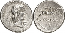 RÖMISCHE REPUBLIK : Silbermünzen. 
Lucius Calpurnius Piso Frugi 90 v. Chr. Denar (Charge&nbsp;18) 3,89g. Apollokopf n.r.; l.&nbsp;I; r.&nbsp;E&nbsp;/...