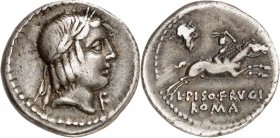 RÖMISCHE REPUBLIK : Silbermünzen. 
Lucius Calpurnius Piso Frugi 90 v. Chr. Denar 3,84g. Belorb. Kopf des Apollo n. r. unter Kinn F / Reiter mit Palmz...