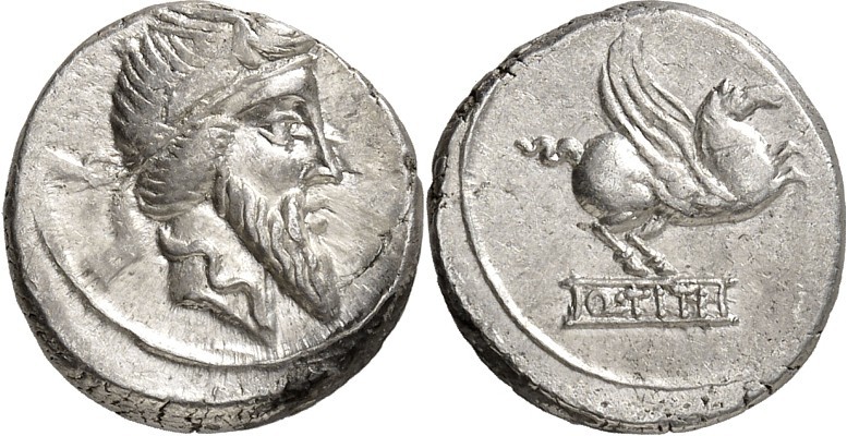 RÖMISCHE REPUBLIK : Silbermünzen. 
Quintus Titius 90 v. Chr. Denar 3,98g. Bärt....