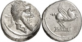 RÖMISCHE REPUBLIK : Silbermünzen. 
Quintus Titius 90 v. Chr. Denar 3,98g. Bärt. Götterkopf m. Flügeldiadem n.r.&nbsp;/ Pegasusstatue auf Basis mit Q&...