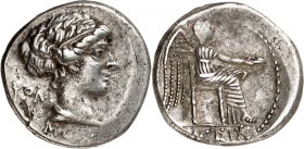 RÖMISCHE REPUBLIK : Silbermünzen. 
Marcus Porcius Cato 89 v. Chr. Denar 3,94g. Frauenbüste n.r.; ROMA (z.T. ligiert)&nbsp;- M&nbsp;CA[TO]&nbsp;/ VICT...