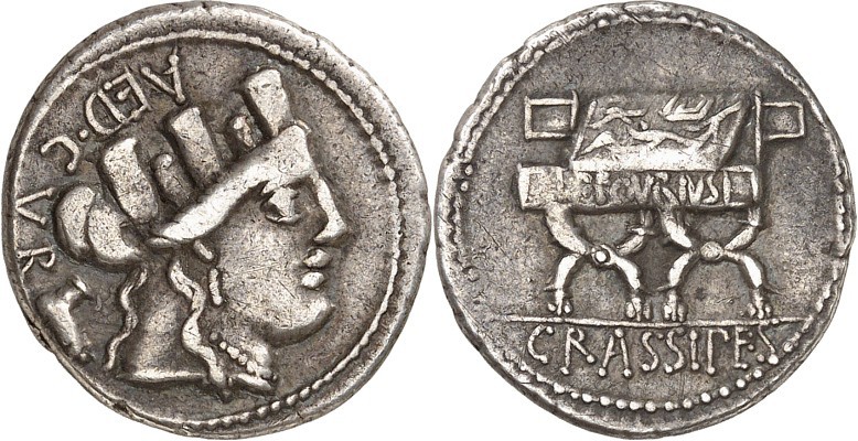RÖMISCHE REPUBLIK : Silbermünzen. 
Publius Furius Crassipes, Aedilis curulis 84...