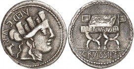 RÖMISCHE REPUBLIK : Silbermünzen. 
Publius Furius Crassipes, Aedilis curulis 84 v. Chr. Denar 3,96g. Kopf der Kybele mit Mauerkrone n.r.; dahinter Kl...
