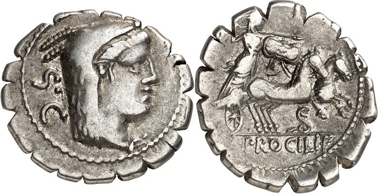 RÖMISCHE REPUBLIK : Silbermünzen. 
Lucius Procilius 80 v. Chr. Denar (serratus)...