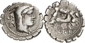 RÖMISCHE REPUBLIK : Silbermünzen. 
Lucius Procilius 80 v. Chr. Denar (serratus) 3,77g. Kopf der Iuno Sospita im Ziegenfell n.r., dahinter S. C. / Iun...