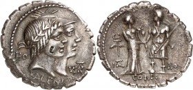 RÖMISCHE REPUBLIK : Silbermünzen. 
Quintus Fufius Calenus & Mucius Cordius 70 v. Chr. Denar (serratus) 3,77g. Köpfe von Honos, mit Lorbeerkranz, und ...