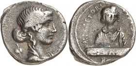 RÖMISCHE REPUBLIK : Silbermünzen. 
Marcus Plaetorius Cestianus 69 v. Chr. Denar 3,69g. Mädchenbüste mit aufwendiger Frisur n.r.; l. Simpulum / M PLAE...