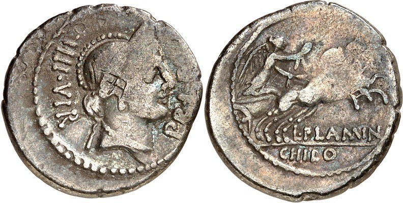 RÖMISCHE REPUBLIK : Silbermünzen. 
L. Flaminius Chilo 43 v. Chr. Denar 3,87g. K...