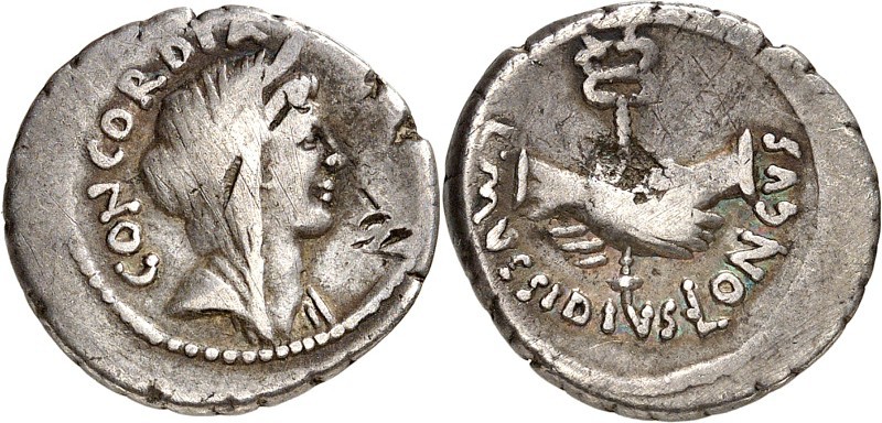 RÖMISCHE REPUBLIK : Silbermünzen. 
Lucius Mussidius Longus 42 v. Chr. Denar 3,6...