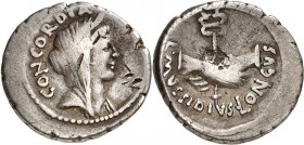 RÖMISCHE REPUBLIK : Silbermünzen. 
Lucius Mussidius Longus 42 v. Chr. Denar 3,69g. Kopf der Concordia mit Diadem, capite velato, n.r.; dahinter CONCO...