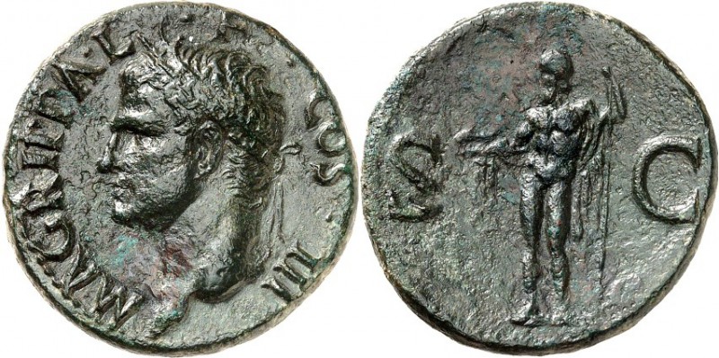 RÖMISCHES KAISERREICH. 
Agrippa +12 v.Chr., z.Z. Caligula. AE-As 10,58g. Kopf m...