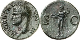RÖMISCHES KAISERREICH. 
Agrippa +12 v.Chr., z.Z. Caligula. AE-As 10,58g. Kopf mit Rostralkrone n.l. M AGRIPPA L - F COS III / S - C Neptunus steht na...