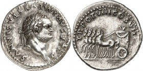 RÖMISCHES KAISERREICH. 
Titus, Caesar z.Z. Vespasianus 69-79. Denar (1./6.79) 3,41g. Kopf m. Lkr. n.r. T CAESAR IMP VESPASIANVS / TR POT VIII COS VII...