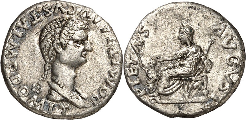 RÖMISCHES KAISERREICH. 
Domitia, Gemahlin des Domitianus +150. Denar (88/89) 2,...