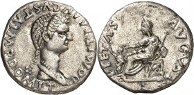 RÖMISCHES KAISERREICH. 
Domitia, Gemahlin des Domitianus +150. Denar (88/89) 2,83g. Pallabüste n.r. DOMITIA - AVGVST IMP DOMIT / PIETAS AVGVST Versch...
