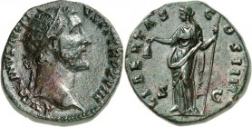 RÖMISCHES KAISERREICH. 
ANTONINUS PIUS Augustus 138-161. AE-Dupondius (155/156) 13,76g. Kopf m. Strkr. n.r. ANTONINVS AVG - PIVS P P TR P XIX / LIBER...