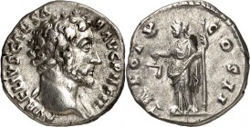 RÖMISCHES KAISERREICH. 
Marcus Aurelius, Caesar 139-161. Denar (156) 3,28g. Kopf n.r. AVRELIVS CAESAR AVG PII FIL / TR POT X - COS II Aequitas steht ...