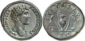 RÖMISCHES KAISERREICH. 
Marcus Aurelius, Caesar 139-161. AE-Sesterz (145/148) 31,31g. Kopf m. Pallium h. Hals n.r. AVRELIVS CAES-AR AVG PII F COS / P...