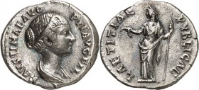 RÖMISCHES KAISERREICH. 
Faustina iunior z.Z. Antoninus Pius 145-161. Denar (147/149) 2,64g. Büste in Palla n.r. FAVSTINAE AVG - PII AVG FIL / LAETITI...