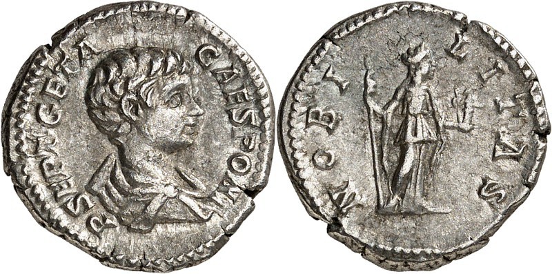 RÖMISCHES KAISERREICH. 
Geta Caesar 198-209. Denar (200) 3,54g. Drapierte kindl...