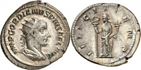 RÖMISCHES KAISERREICH. 
GORDIANUS III. Augustus 238-244. Antoninian (244) 4,44g. Palliumbüste m. Strkr. n.r. IMP GORDIANVS PIVS FEL AVG&nbsp;/ FELICI...