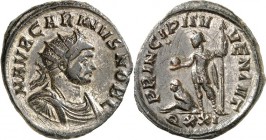 RÖMISCHES KAISERREICH. 
Carinus Caesar 282-283(-285). Bi-Antoninian 3,64g, Ticinum. Drapierte Panzerbüste mit Strahlenkrone n. r. M AVR CARINVS NOB C...