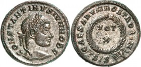 RÖMISCHES KAISERREICH. 
Constantinus II. Caesar 317-337. AE-Follis 18mm (321/324) 3,47g, Siscia, 3. Off. Kopf m. Lkr. n.r. CONSTANTINVS IVN NOB C / C...