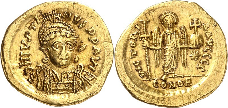 BYZANZ. 
IUSTINUS I. 518-527. Solidus (522/527) 4,43g, Konstantinopel, 3. Offiz...
