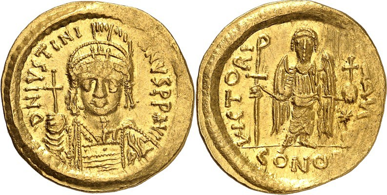 BYZANZ. 
IUSTINIANUS I. 527-565. Solidus (542/552) 4,48g, Konstantinopel. Panze...