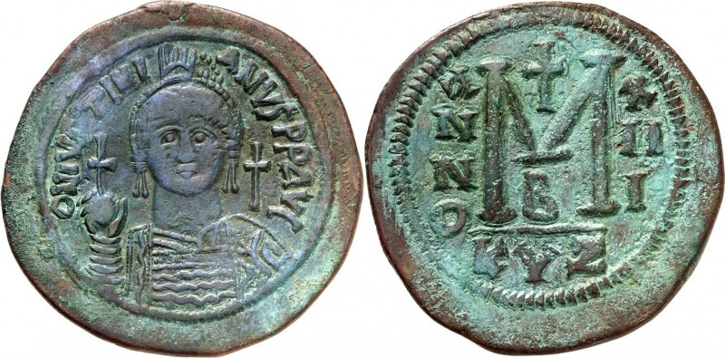 BYZANZ. 
IUSTINIANUS I. 527-565. AE-Follis 40mm ("13"= 539/540) 22,4g, Cycicus,...