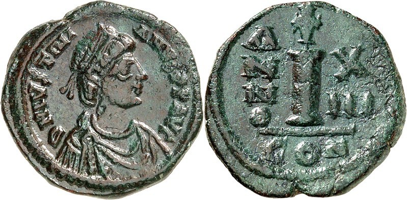 BYZANZ. 
IUSTINIANUS I. 527-565. AE-Deka 20mm ("13"= 539/540) 5,67g, Konstantin...