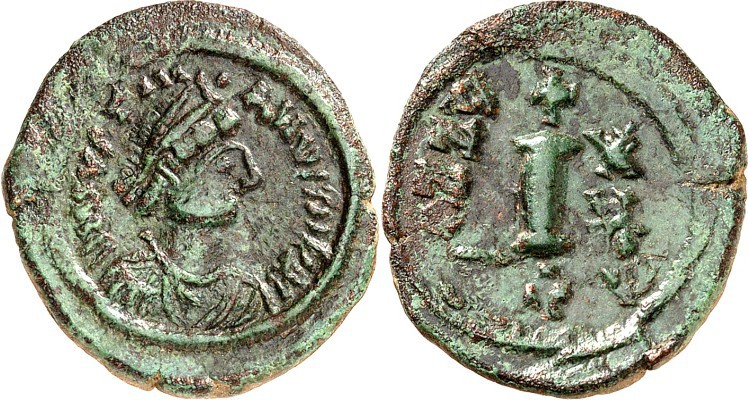 BYZANZ. 
IUSTINIANUS I. 527-565. AE-Deka (546/555) 4,04g. Büste n.r. D N IVSTIN...