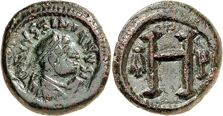 BYZANZ. 
IUSTINIANUS I. 527-565. AE-8 Nummi 16mm 3,90g, Thessalonika. Belorb. d...