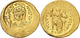 BYZANZ. 
IUSTINUS II. 565-578. Solidus (567/578) 4,51g, Konstantinopel, 8.&nbsp;Off. Panzerbüste mit Helm, Perlendiadem, Schild und Victoriolaglobus,...