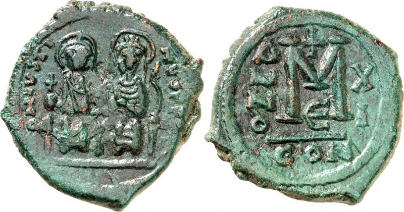 BYZANZ. 
IUSTINUS II. 565-578. AE-Follis 29/30mm ("11"= 575/576) 14,14g, Konsta...