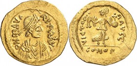 BYZANZ. 
MAURICIUS TIBERIUS 582-602. Semissis 2,13g, Constantinopolis (Istanbul). Büste mit Paludamentum und Perlendiadem n.r. d N MAV-RI PP AVG / VI...