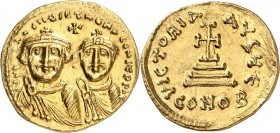 BYZANZ. 
HERACLIUS mit HERACLIUS CONSTANTINUS 613-638. Solidus (629/631) 4,37g, Konstantinopel, 5. Off. Beider Büsten mit Kreuzdiademen gleich groß v...