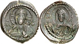 BYZANZ. 
ROMANOS IV. Diogenes mit seiner Familie 1067-1071. Anonymer AE-Follis 26/24,5mm 7,39g. Christkönigbüste v.v. IC - XC / MP - Q V Madonnenbüst...