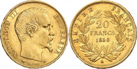 FRANKREICH. 
Napoleon III. 1852-1870. 20 Francs 1858A Kopf n. r. / Wert im Eichenkranz. Schlumb.&nbsp; 282, Gad.&nbsp; 247. . 

ss