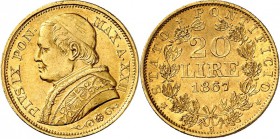 ITALIEN. 
KIRCHENSTAAT. 
Pius IX. 1846-1878. 20 Lire An.&nbsp;XXII&nbsp;= 1867 Rom. Fr.&nbsp; 280, Schlumb.&nbsp; 154. . 

ss/vz