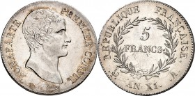 FRANKREICH. 
Napoleon Bonaparte, Konsul 1799-1804. 5 Francs An 11 = (1802-03) A Paris. Kopf n.r. / Wert im Kranz. Gad.&nbsp; 577, KM&nbsp; 650.1. . ...
