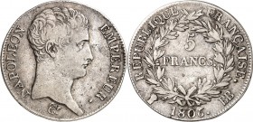 FRANKREICH. 
Napoleon I. 1804-1814. 5&nbsp;Francs 1806&nbsp;BB Straßburg. Gad.&nbsp; 581, KM&nbsp; 673.3. . 

ss-